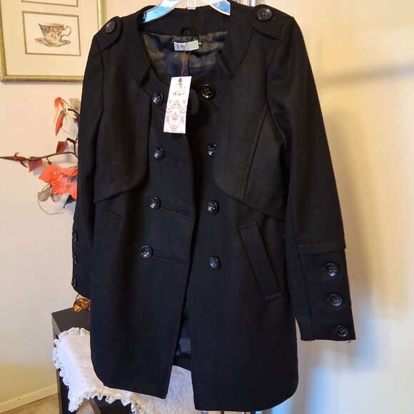 NWT 2 Two Women's Black Double Breasted Wool Blend Lined Winter Pea Coat - Picture 13 of 15